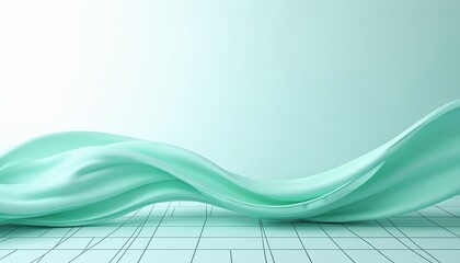 Poster - Abstract illustration with flowing mint green wave on blue grid background. Modern design, minimal art. Pastel colors, soft light, elegant stylish graphic suitable for business presentation,