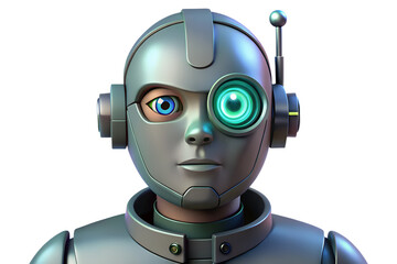 Poster - Sleek silver robot with glowing blue eyes, standing out against a dark backdrop, evokes a sense of futuristic technology and artificial intelligence, transparent background
