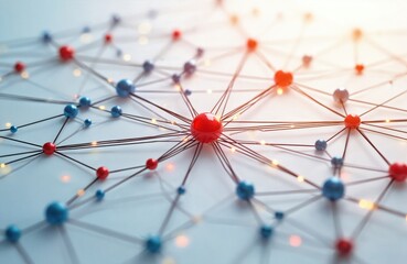 Aufkleber - Abstract network pattern with interconnected nodes, lines. Red, blue, gray spheres form complex structure. Lines between nodes show connection. Visual representation of technology communication,
