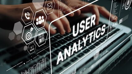 Poster - User Analytics Data Insights with Keyboard and Digital Interface Elements in an Interactive Stock Photo. Asymptotic smart data analytic.