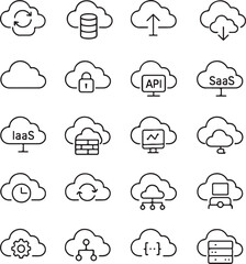 Fototapete - Collection of modern cloud computing icons representing various services and concepts like data storage security api saas iaas and network infrastructure
