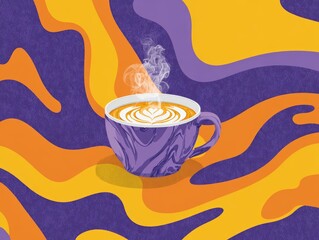 Poster - A steaming cup of coffee is the focal point of a vibrant abstract illustration, surrounded by dynamic swirling patterns of yellow, orange, and purple, embodying warmth and energy, AI
