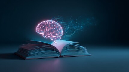 Poster - Futuristic circuit connections adorn a glowing brain model positioned on an open book, signifying artificial intelligence and knowledge