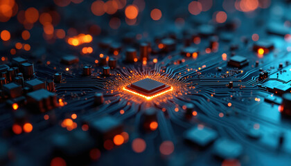 Poster - Futuristic computer processor in modern tech style. Glowing circuit board, data flow, microchip with network connections. Abstract background for business, finance, tech, innovation, digital