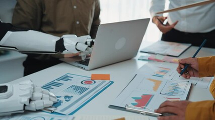 Poster - Business professionals engaging with AI technology for performance evaluation and market research, illustrating the evolution of artificial intelligence in consulting. Noogenesis AI