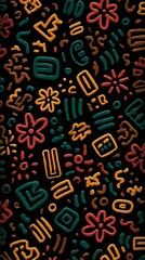 Poster - On a black background, a vibrant abstract pattern emerges, characterized by its symmetrical arrangement of colorful floral and geometric elements