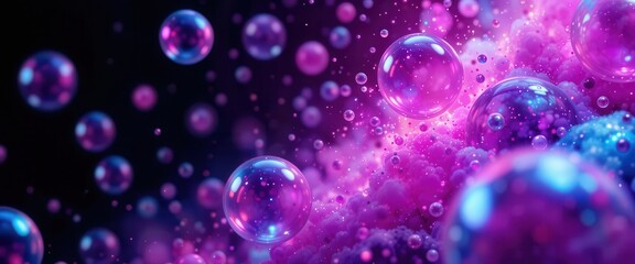 Poster - Colorful bubbles floating in a dreamy purple and pink abstract background for computer screens