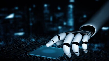 Poster - Futuristic robot artificial intelligence enlightening AI technology development and machine learning concept. Global robotic bionic science research for future of human life. 3D rendering graphic.