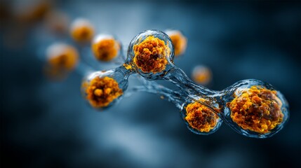 Poster - Orange cells are abstractly represented as being encased in transparent spheres with a luminous blue background