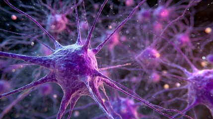 Poster - Glowing synapses in vibrant purple and blue tones are depicted in an abstract visualization of neural network connections