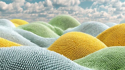 Poster - An abstract 3D artwork depicting colorful, wavy forms alongside glowing yellow and orange spheres, positioned on a background with a gradual color transition