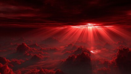 Wall Mural - the sky is set ablaze with a fiery red sunset, accompanied by a bright sun and clouds, evoking conce