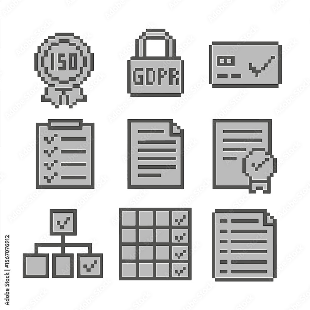 Compliance Audit Icons. Pixel art icon set of compliance and audit: ISO ...