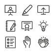 © Тимур Кунець - Virtual Workshop Icons. Outline icon set of virtual workshops and learning sessions: presentation screen, digital whiteboard