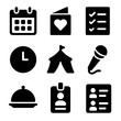 © Coosh448 - Event Planning Icons. Solid, filled icon set of event planning: calendar, invitation card, checklist, clock, event tent,