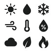 © Влада Яковенко - Environmental Icons Grid. Solid, filled icon set of environmental factors: sun rays, rain drop, snowflake, wind swirl, thermometer