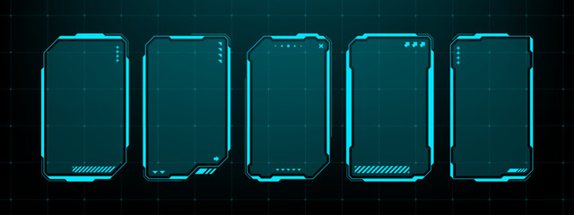 Aufkleber - Five hud text box frame vectors with blue neon outline. Futuristic infographic interface. Empty template element for computer game.