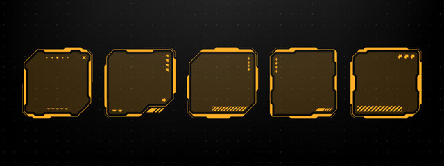 Aufkleber - Set of five dark orange hud text box frame with varied geometric designs. Modern future interface elements for infographic message.