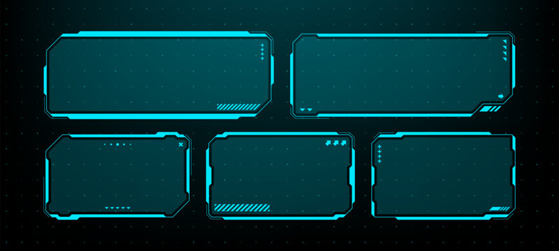 Set of blue futuristic HUD interface frames. Digital dashboard display design element. Concept for virtual screen, data visualization.