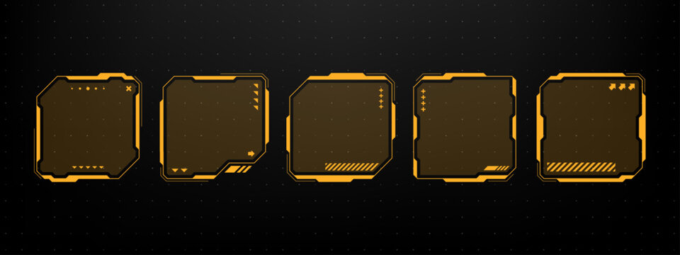 Set of five dark orange hud text box frame with varied geometric designs. Modern future interface elements for infographic message.