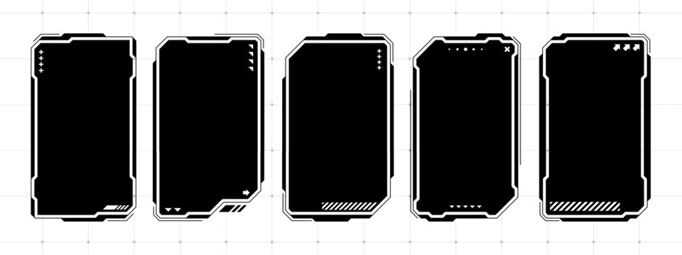 Five black futuristic HUD text box frames and hi tech square elements. Abstract modern digital data panels. UI interface.
