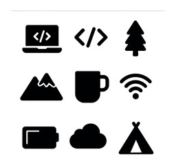 nature coding icons. solid, filled icons set of coding in the wild: laptop, code brackets, tree, mou