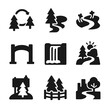 © Влада Яковенко - Hiking Icons Grid. Solid, filled icon set of beginner hiking destinations: forest loop, lake trail, meadow path, national park