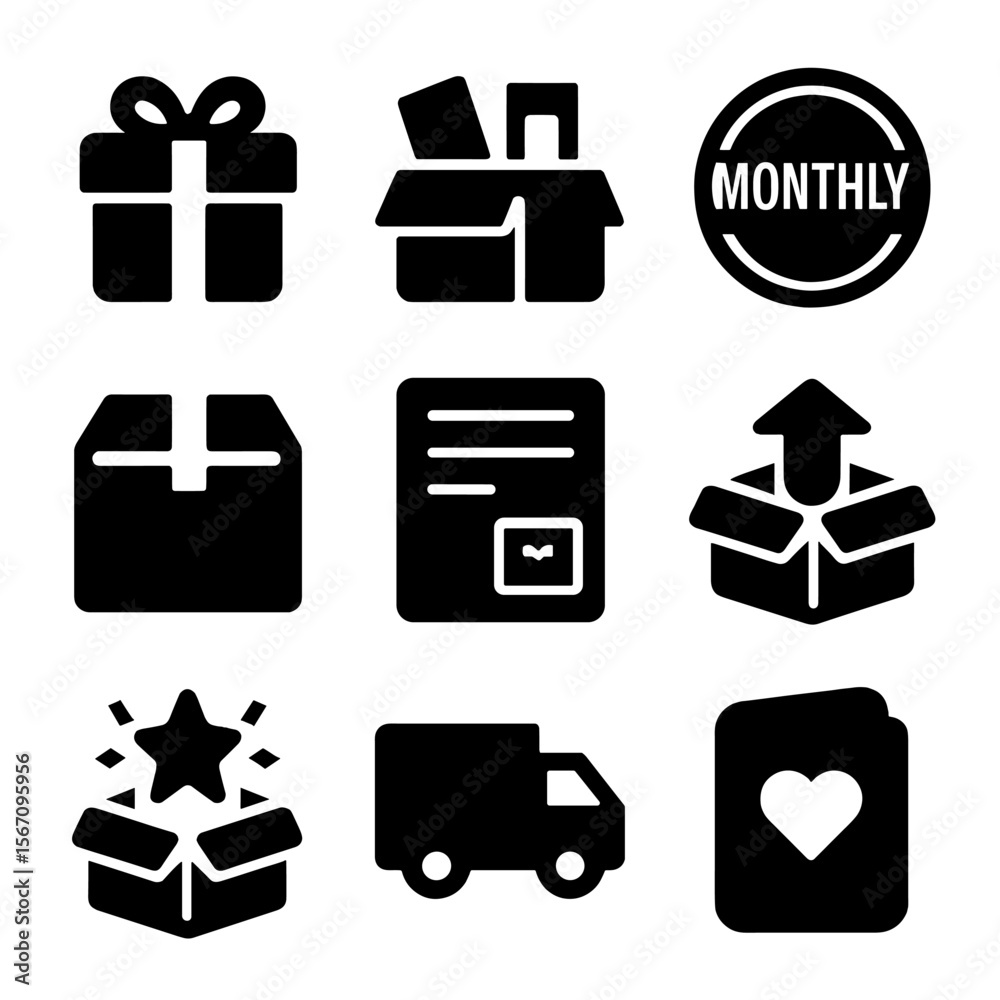 Subscription Box Icons. Solid, filled icon set of subscription boxes ...