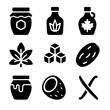 © Svitlana - Sweetener Icon Grid. Solid, filled icon set of natural sweeteners for drinks: honey jar, agave bottle, maple syrup, stevia leaf,