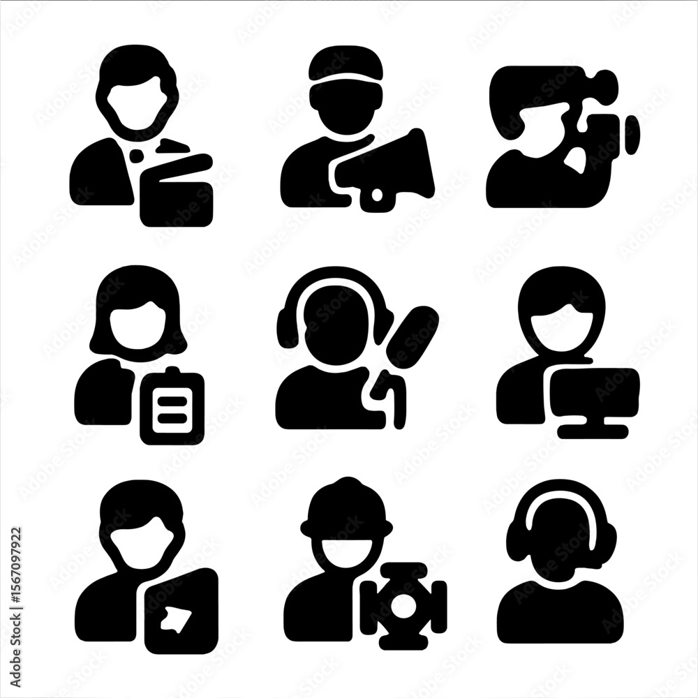 TV Production Icons. Solid, filled icon set of TV production staff ...