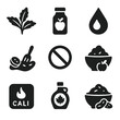© Влада Яковенко - Sugar-Free Icons Grid. Solid, filled icon set of sugar-free compote options: stevia leaf, apple juice bottle, agave drop, mashed