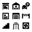 © Влада Яковенко - Warehouse Icon Set. Solid, filled icon set of warehouse infrastructure: loading bay, warehouse building, parking area, storage