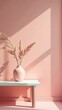 © Татьяна Антоненко - A white vase with dried leaves sits on a blue table, casting shadows on a soft pink wall in a minimalist room. backdrop