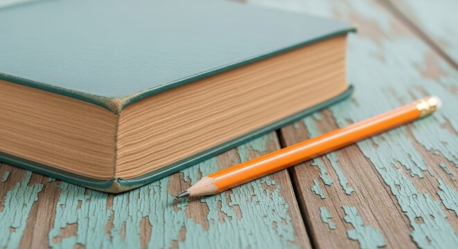 A book and pencil rest on a weathered wooden table