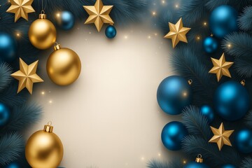 Poster - Gold and blue christmas ornaments are hanging from elegant pine branches, creating a festive and luxurious holiday backdrop with copy space