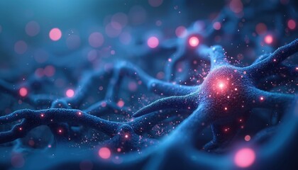Fototapete - Digital artwork illustration of glowing neural networks in blue, pink hues. Abstract futuristic illustration of connectivity, data processing, communication, network, brain, science, artificial