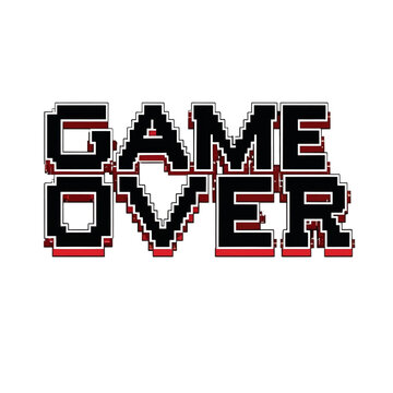 Pixelated retro gaming illustration with the phrase game over for graphic design projects and designs on transparent background