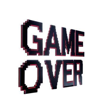 Pixelated retro gaming illustration featuring the phrase game over for arcade and console design elements on transparent background