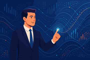 Poster - Businessman touching glowing point on a big data visualization interface. Digital data flow, financial analysis, and statistics. Futuristic business, technology innovation concept.