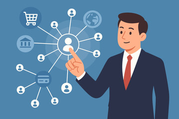 Poster - Businessman managing customer data for digital marketing. CRM concept with global network, online shopping, banking, and payment icons. Vector illustration for business technology.