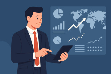 Poster - Businessman in Suit Using Tablet, Analyzing Global Sales Data and Business Growth on Digital Interface, Business Strategy, Global Market Trends, Digital Marketing, Modern Flat Vector Illustration