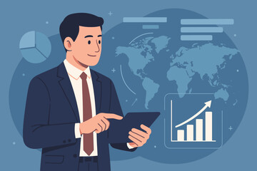 Poster - Businessman using tablet for data analysis of sales and business growth. Virtual interface with financial dashboard, charts, graphs. Global business strategy and marketing concept.