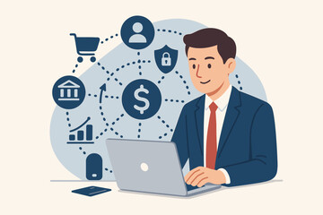 Poster - businessman with laptop for online banking and payment. digital marketing, finance and banking netwo