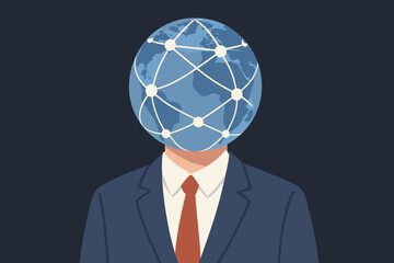 Poster - Global Business Network Concept. Businessman with World Globe Head, Connected Nodes, International Communication, Digital Networking, Corporate Leadership, Worldwide Connectivity, Vector Illustration