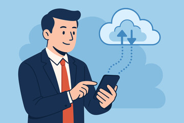 Poster - Businessman Using Smartphone for Cloud Computing, Data Sync, Upload and Download, Digital Storage, Modern Flat Vector Illustration, Office Technology, Mobile Device, Corporate Concept, Blue Background