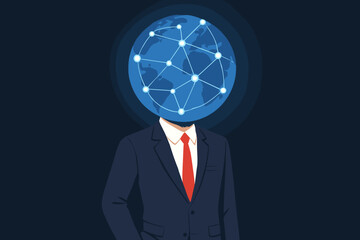 Poster - Global business metaphor. Man in suit with Earth network for a head. Symbol for worldwide connection, AI, data science, internet, modern technology, communication, and strategy.