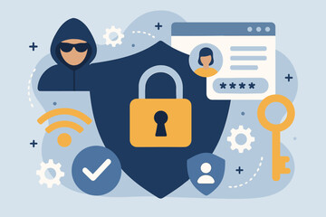 Poster - cybersecurity concept, data protection and internet security. hacker, shield, password authenticatio