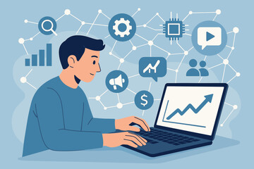 Poster - Digital marketing concept. Man working on laptop with icons. Business data analysis, SEO, online advertising, content strategy, financial performance analytics and technology network.