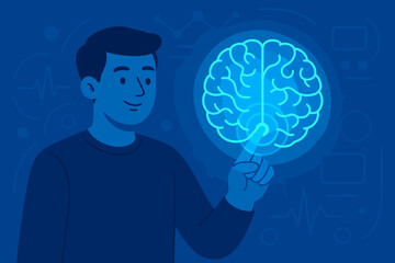 Poster - Man touching virtual brain. Medical technology innovation concept. Neurology, psychology, AI research. Digital health interface, mind analysis, future medicine, data visualization.