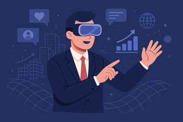 Poster - Businessman in Suit Using VR Headset Interacting with Metaverse Virtual World, Augmented Reality Visualization, Digital Business Growth, Future Technology, Social Media, Data Analytics, Global Network